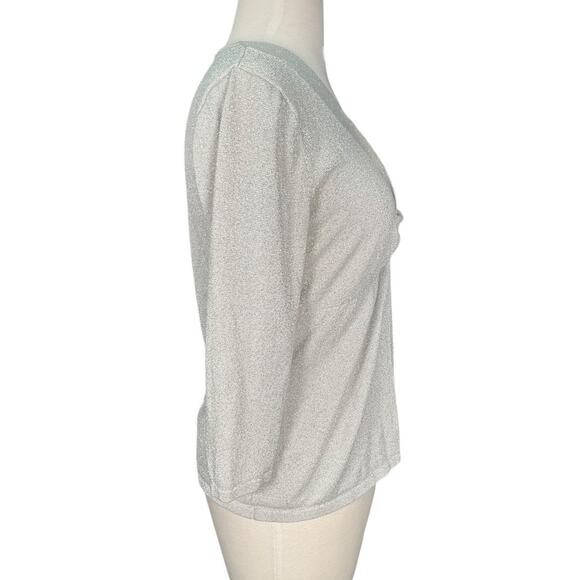 August Silk Silver Metallic Knit Top Large V Neck 3/4 Sleeve Holiday Party Lux - Picture 4 of 11